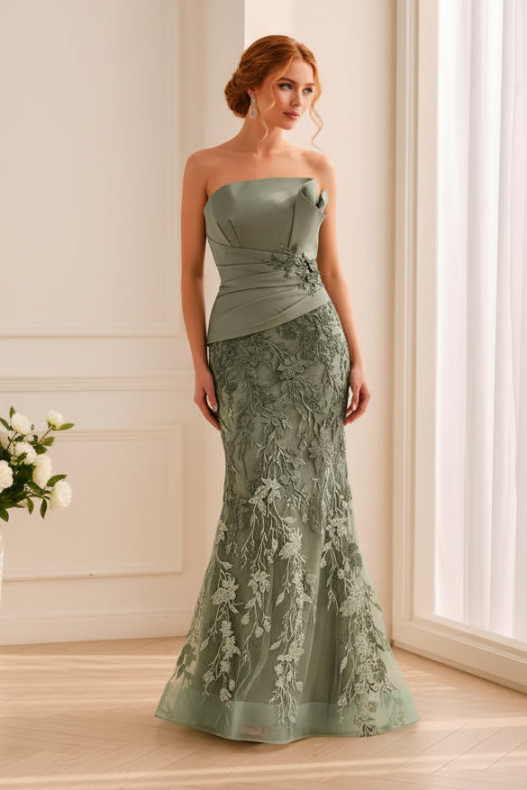 Strapless Folded Bodice Embroidered Trumpet Gown