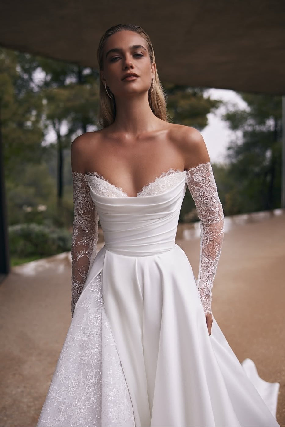Lace-Sleeve Ball Gown with Overskirt & Slit