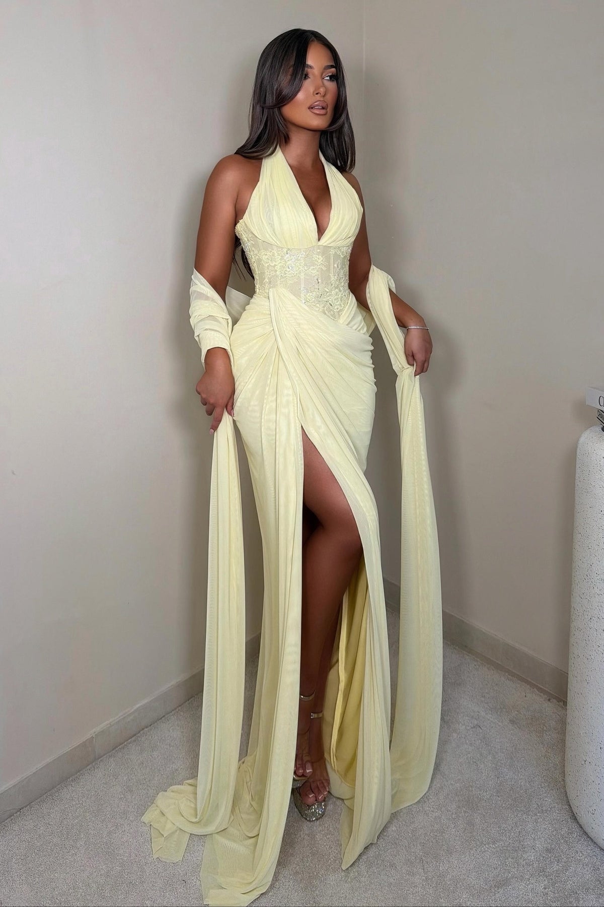 Halter Corset Gown with Draped Slit Skirt