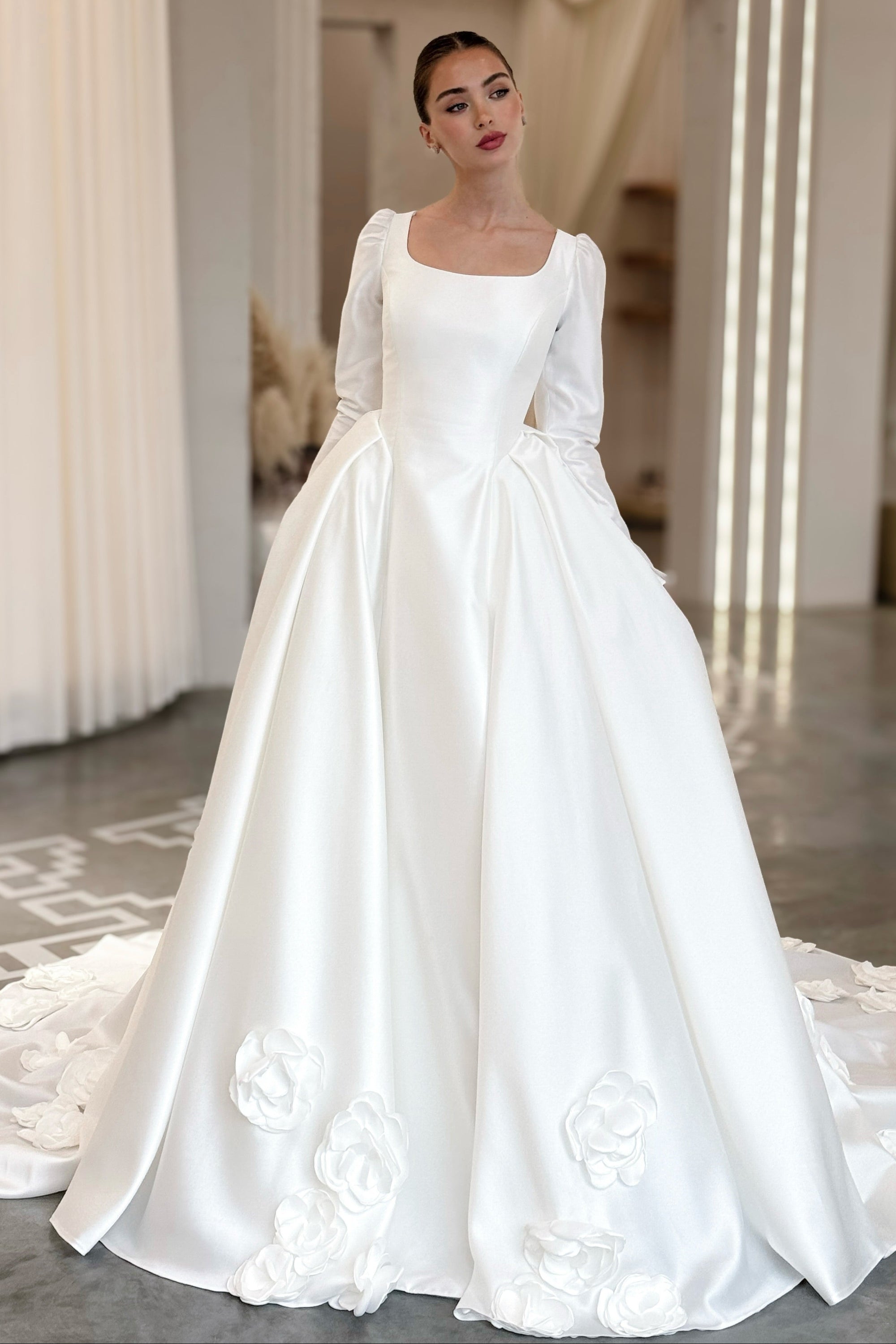 Long Sleeve Square Neck Satin Ball Gown Wedding Dress