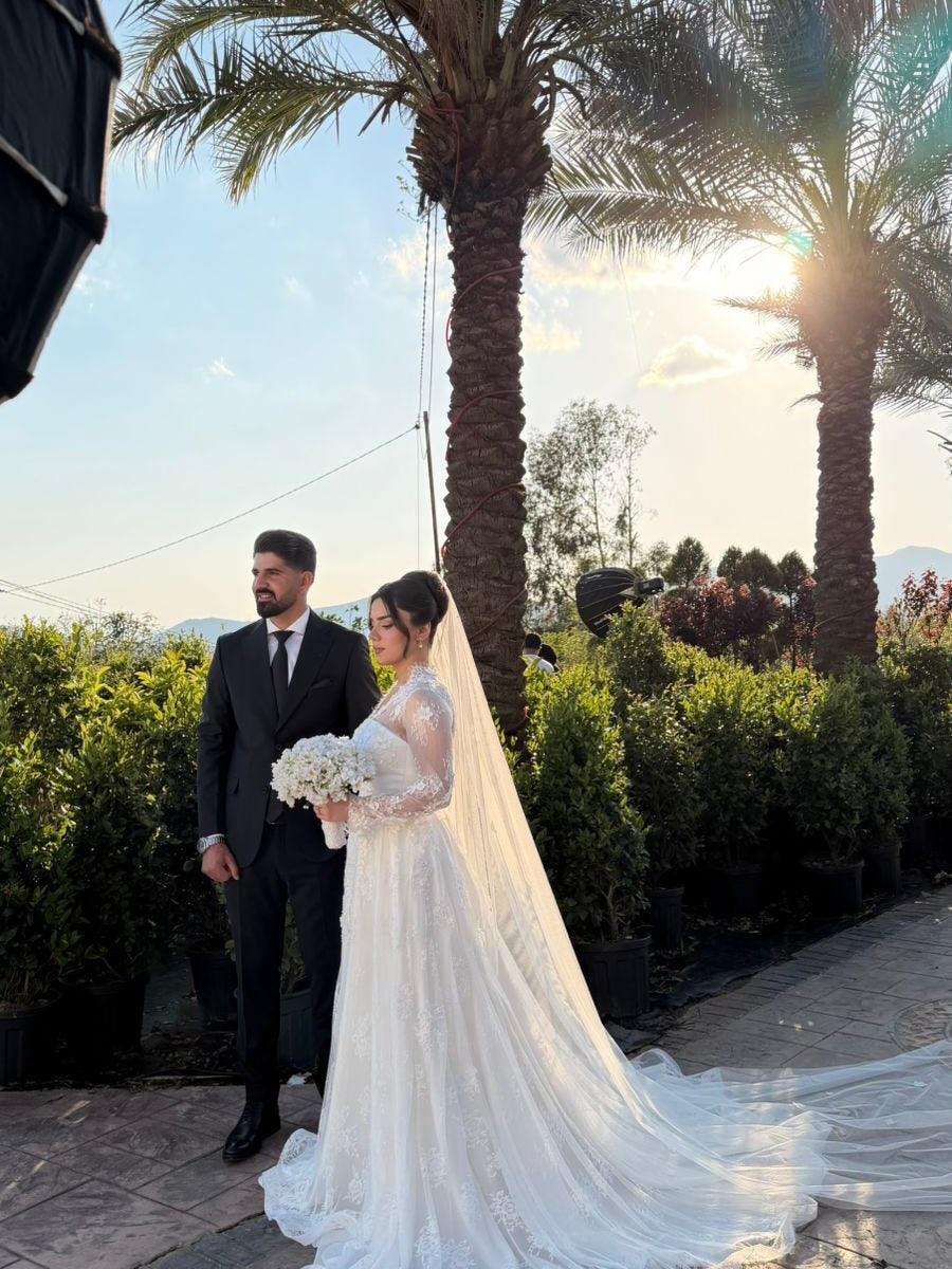 A-Line Illusion High Neck Lace Wedding Dress with Train