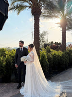 A-Line Illusion High Neck Lace Wedding Dress with Train