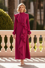 High Neck Asymmetrical Ruffle Long Sleeve Maxi Dress