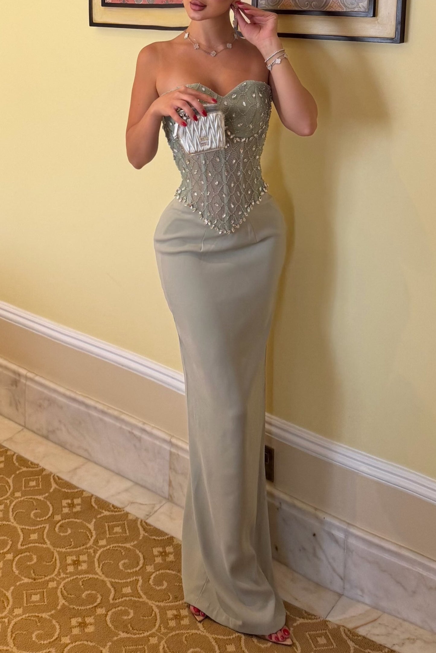 Strapless Beaded Corset Maxi Dress with Back Slit