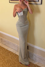 Strapless Beaded Corset Maxi Dress with Back Slit