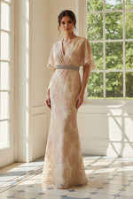 Floral Embroidered V-Neck Evening Gown