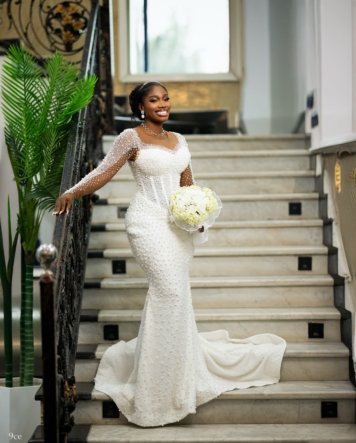 Long Sleeve Pearl Mermaid Wedding Dress with Overskirt