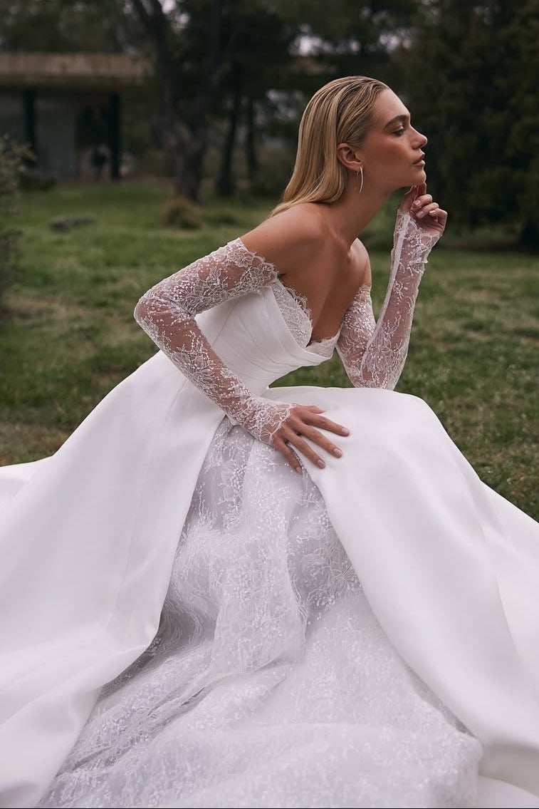 Lace-Sleeve Ball Gown with Overskirt & Slit