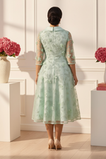 Floral Lace Fit and Flare Dress with Illusion Sleeves