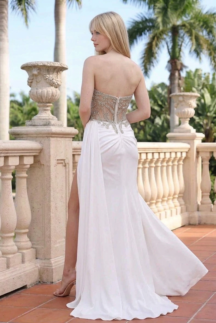 Strapless Beaded Corset Gown with High Slit