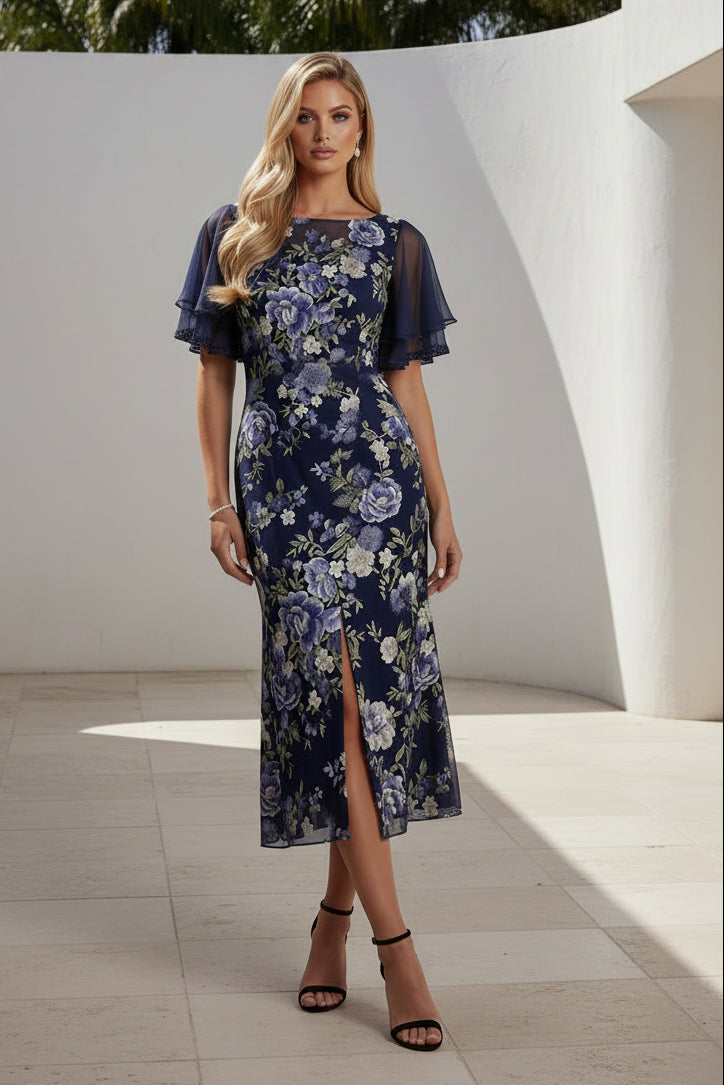 Floral Embroidered Midi Dress with Flutter Sleeves