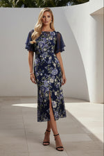 Floral Embroidered Midi Dress with Flutter Sleeves