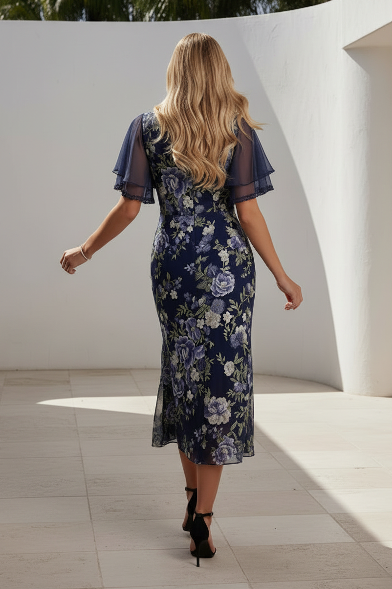 Floral Embroidered Midi Dress with Flutter Sleeves