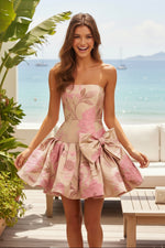 Strapless Jacquard Fit and Flare Mini Dress with Bow