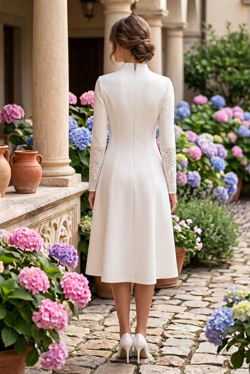 Asymmetric Button Midi Dress with Lace Cuffs