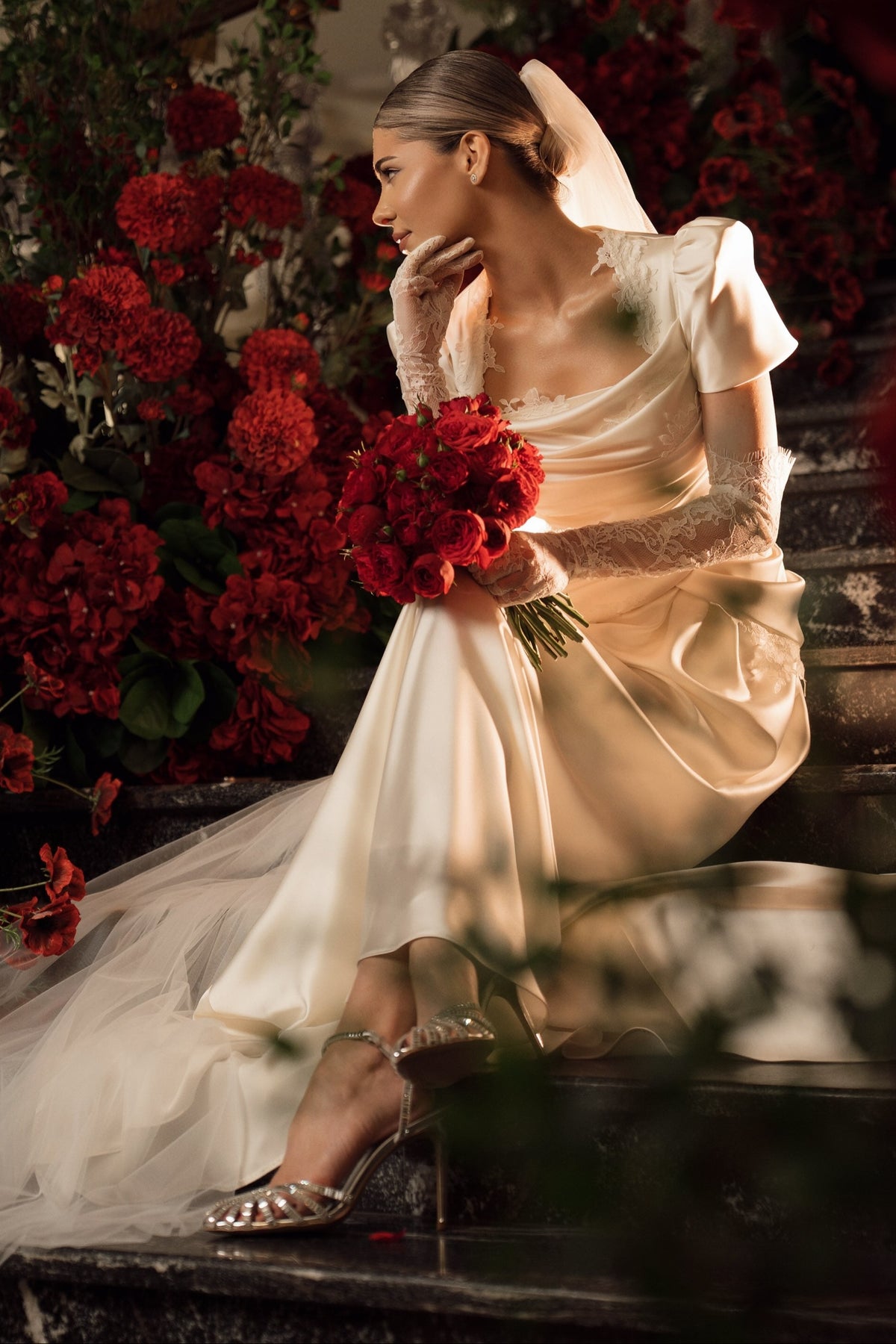 Satin Wedding Dress with Puff Short Sleeves