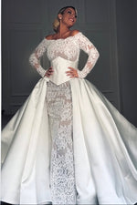 Off-the-Shoulder Lace Wedding Dress with Satin Overskirt