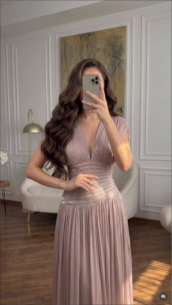 Pleated Deep V-Neck Beaded Waist Maxi Gown