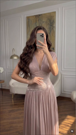 Pleated Deep V-Neck Beaded Waist Maxi Gown
