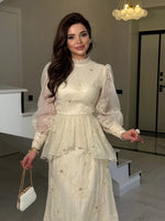 Floral Embroidered High-Neck Bishop Sleeve Gown
