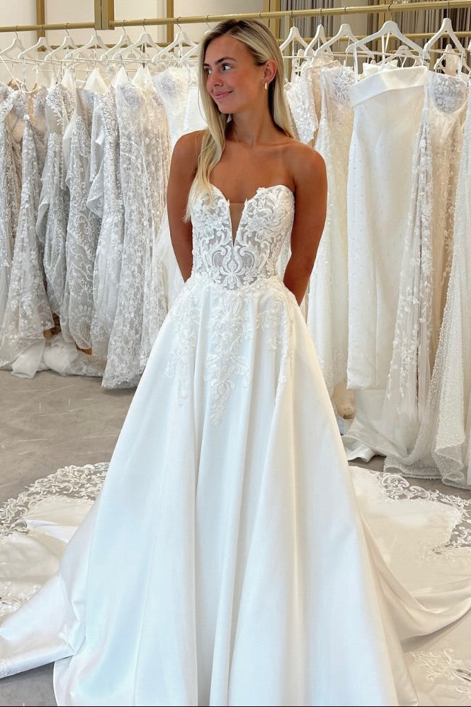 Strapless A-Line Wedding Dress with Lace Bodice