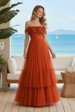 Off-the-Shoulder Tiered Tulle A-Line Gown
