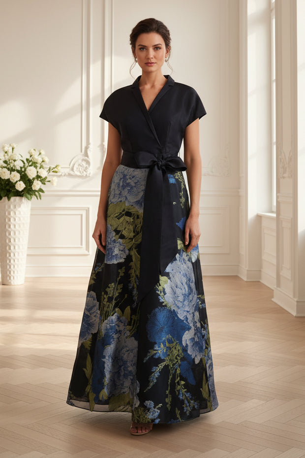 Floral Print A-Line Evening Gown with Sash