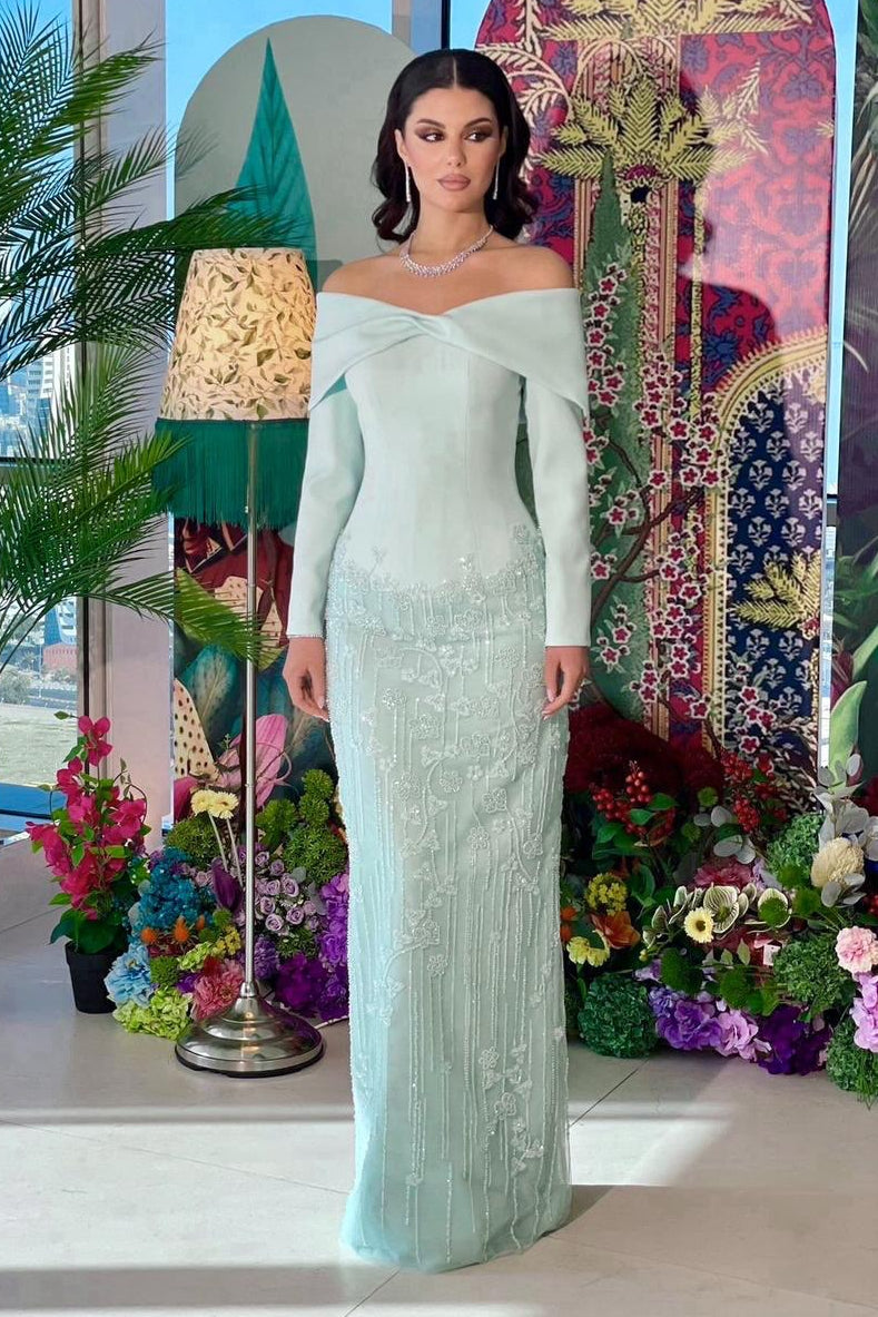 Off-The-Shoulder Long Sleeve Beaded Evening Gown
