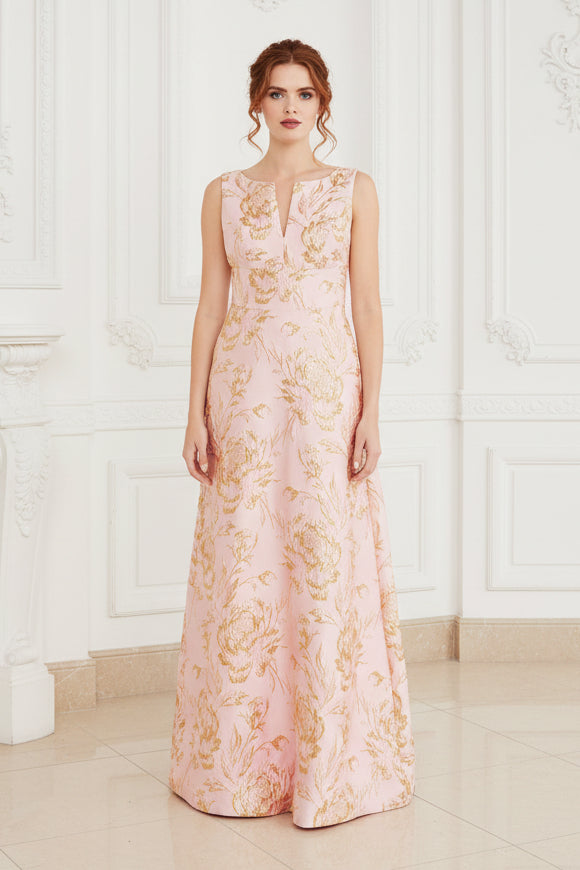 Sleeveless Floral Jacquard A-Line Gown