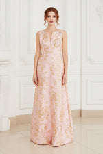 Sleeveless Floral Jacquard A-Line Gown