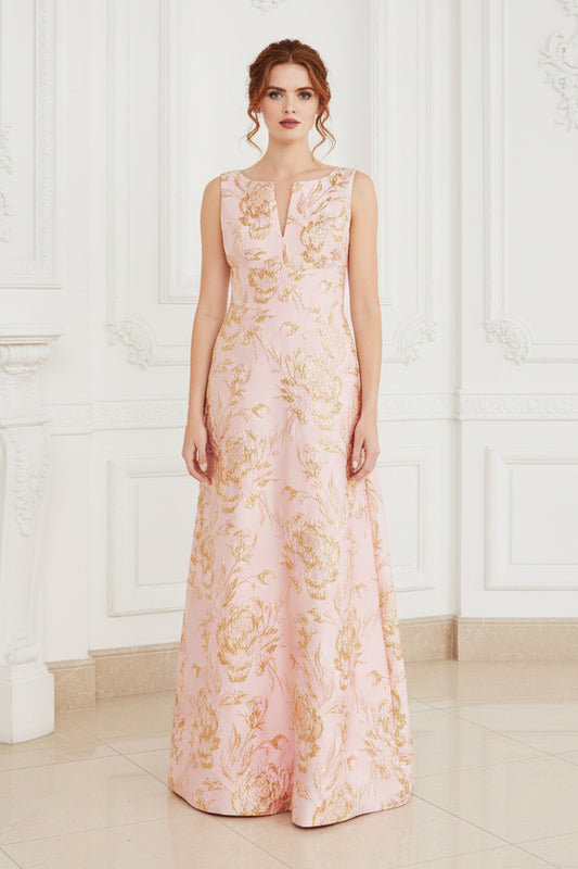 Sleeveless Floral Jacquard A-Line Gown
