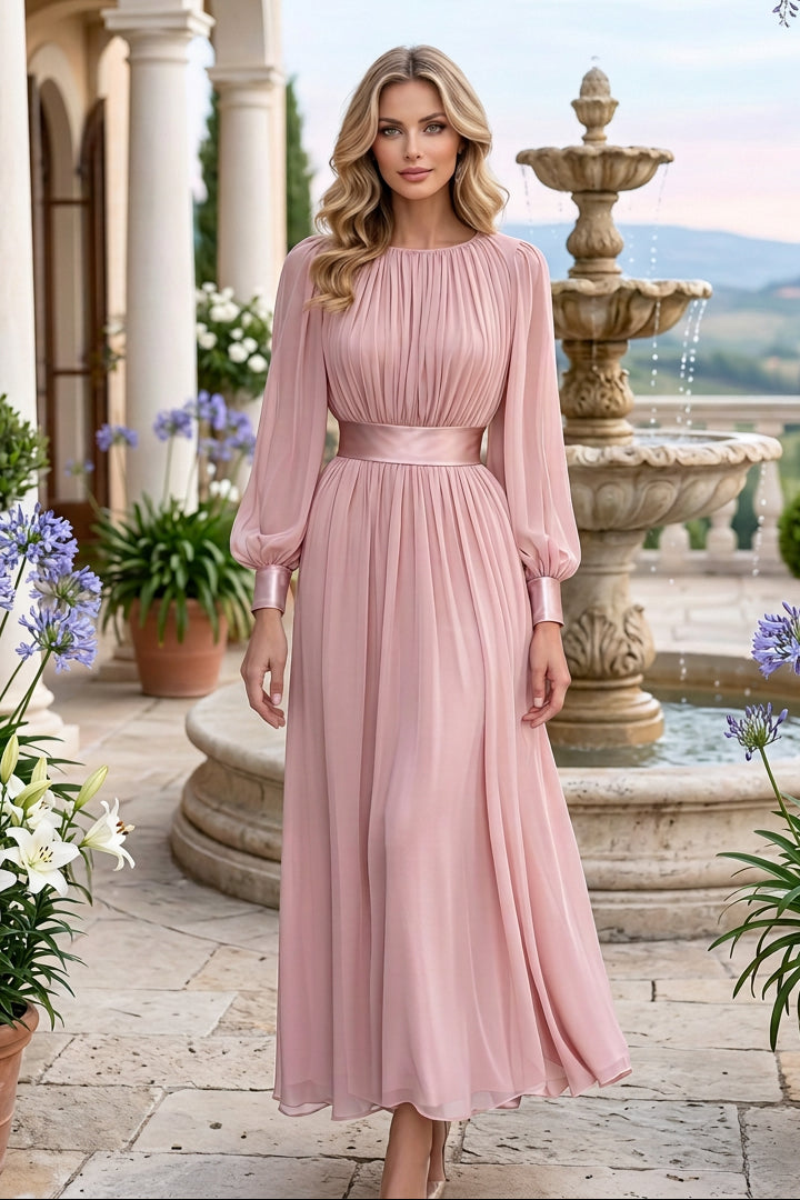 Pleated Chiffon Maxi Dress with Bishop Sleeves