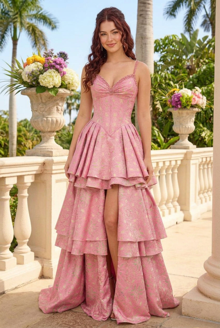 Tiered Brocade High-Low Gown with Corset Bodice