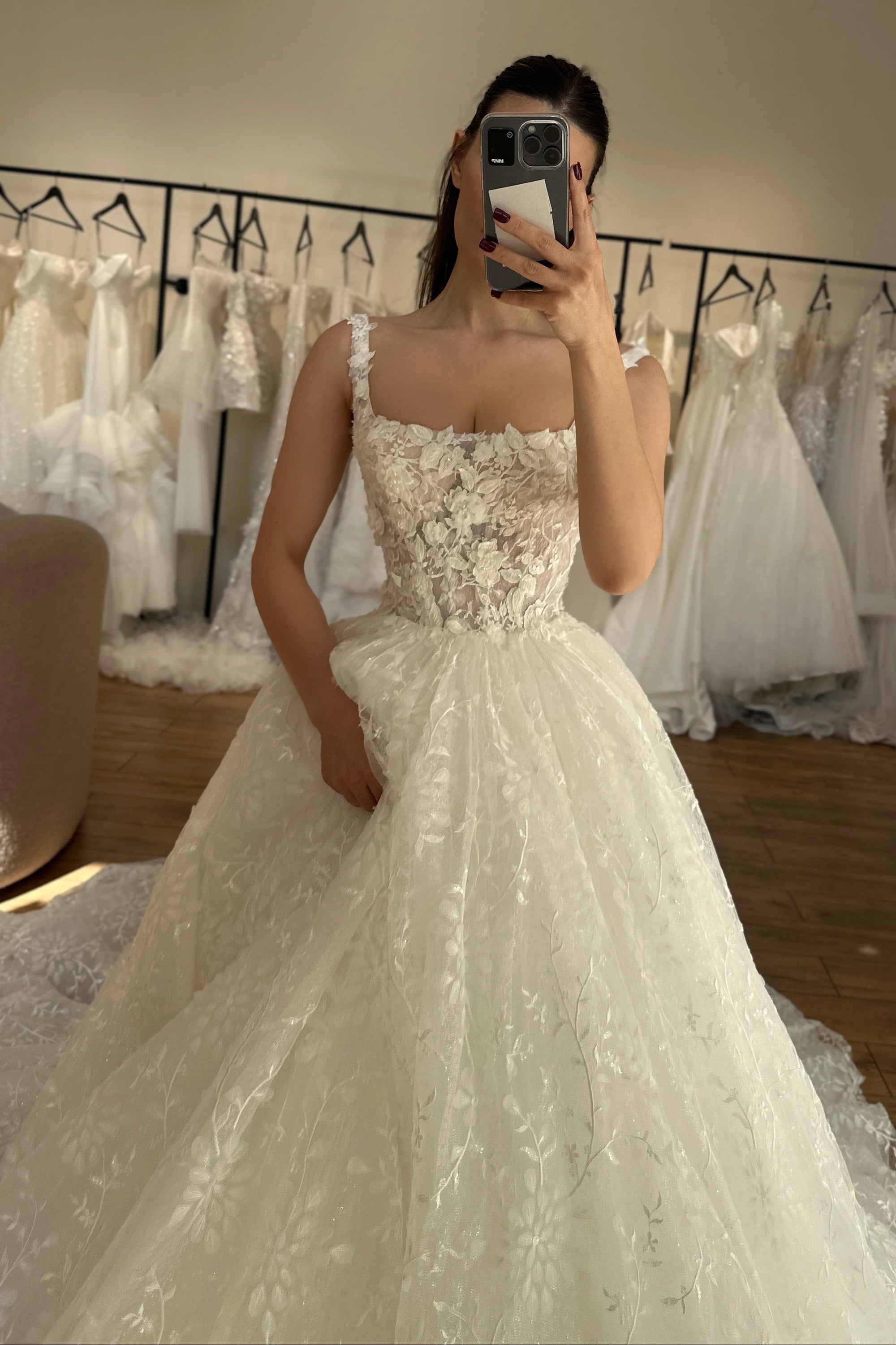 3D Floral Applique Square Neck Ball Gown Wedding Dress