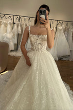 3D Floral Applique Square Neck Ball Gown Wedding Dress