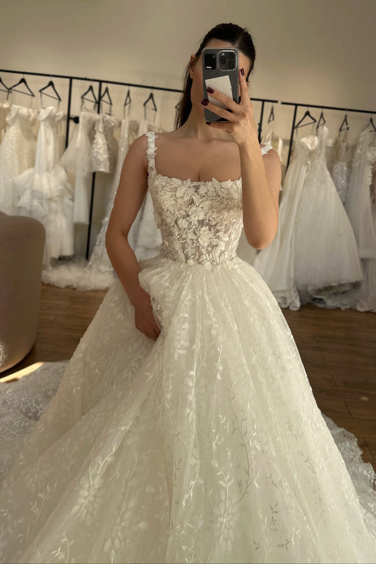 3D Floral Applique Square Neck Ball Gown Wedding Dress