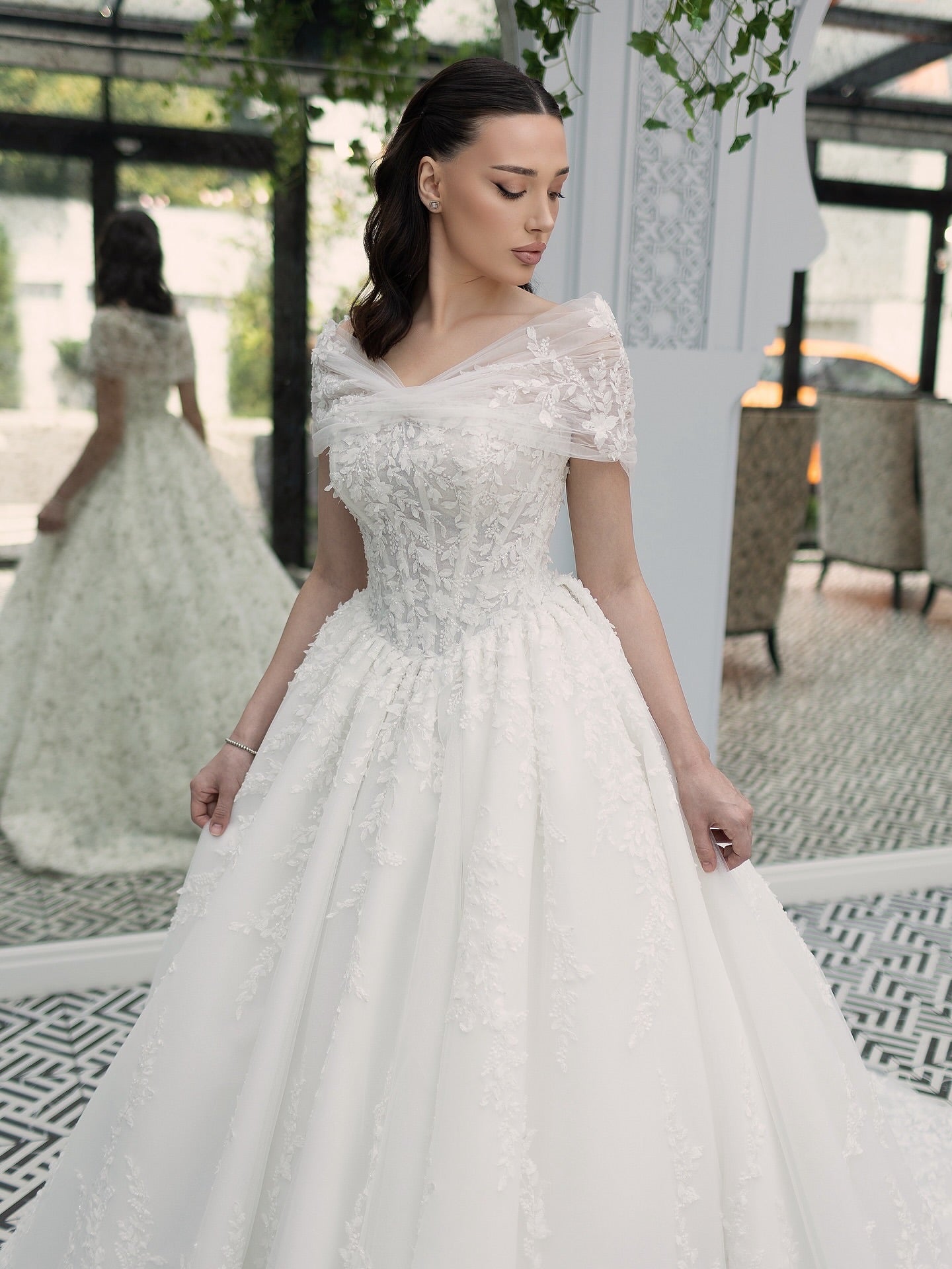 Off-The-Shoulder Lace Ball Gown Wedding Dress