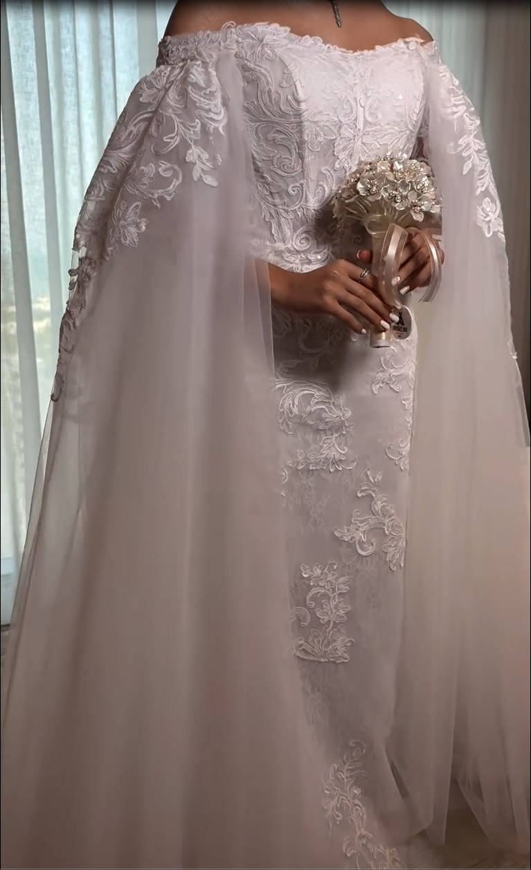 Lace Applique Off-the-Shoulder Cape Wedding Dress