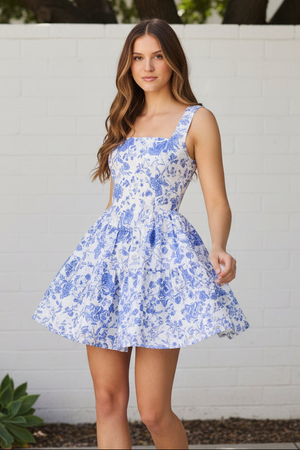Tiered Floral A-Line Mini Dress with Lace-Up Back