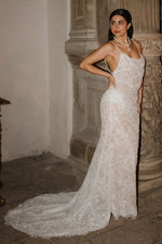 Cowl Neck Lace Slip Wedding Dress with Sweep Train