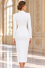 Collared V-Neck Long Sleeve Midi Sheath Dress