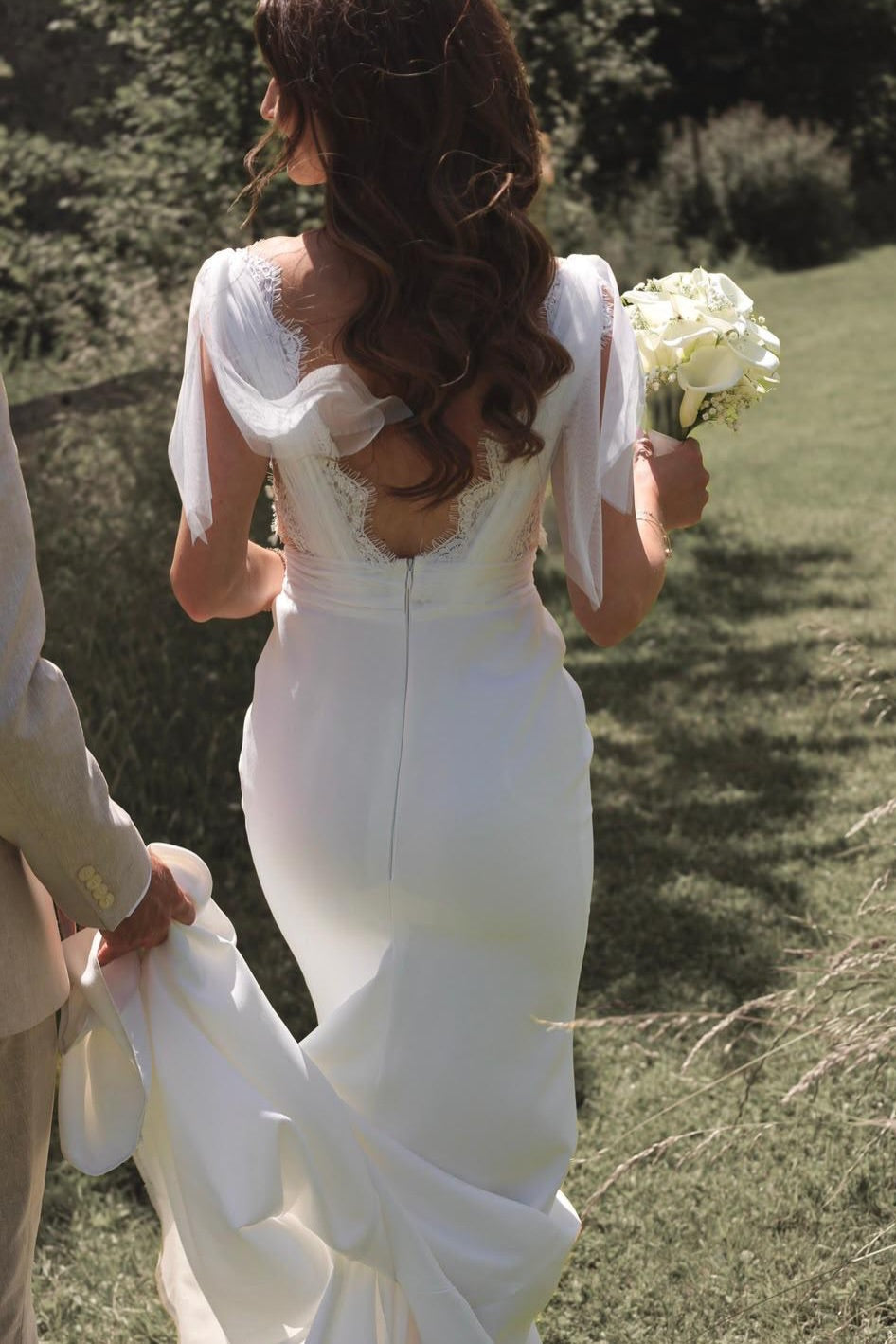 Lace V-Neck Bridal Gown with Tulle Shoulder Ties