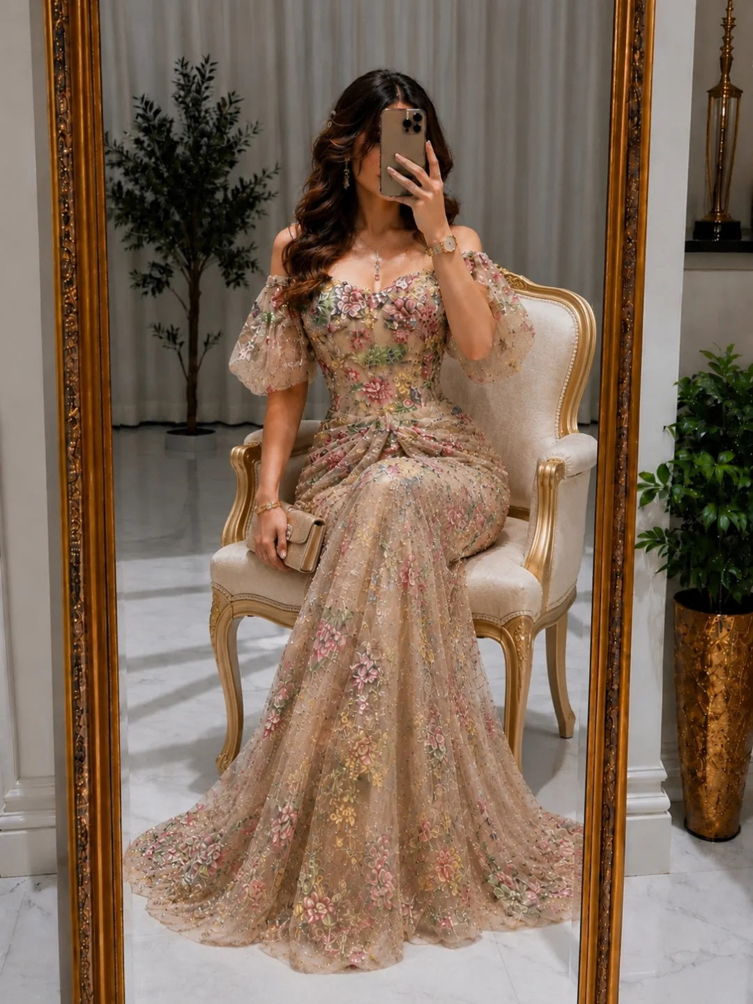 Off-the-Shoulder Floral Embroidery Mermaid Gown