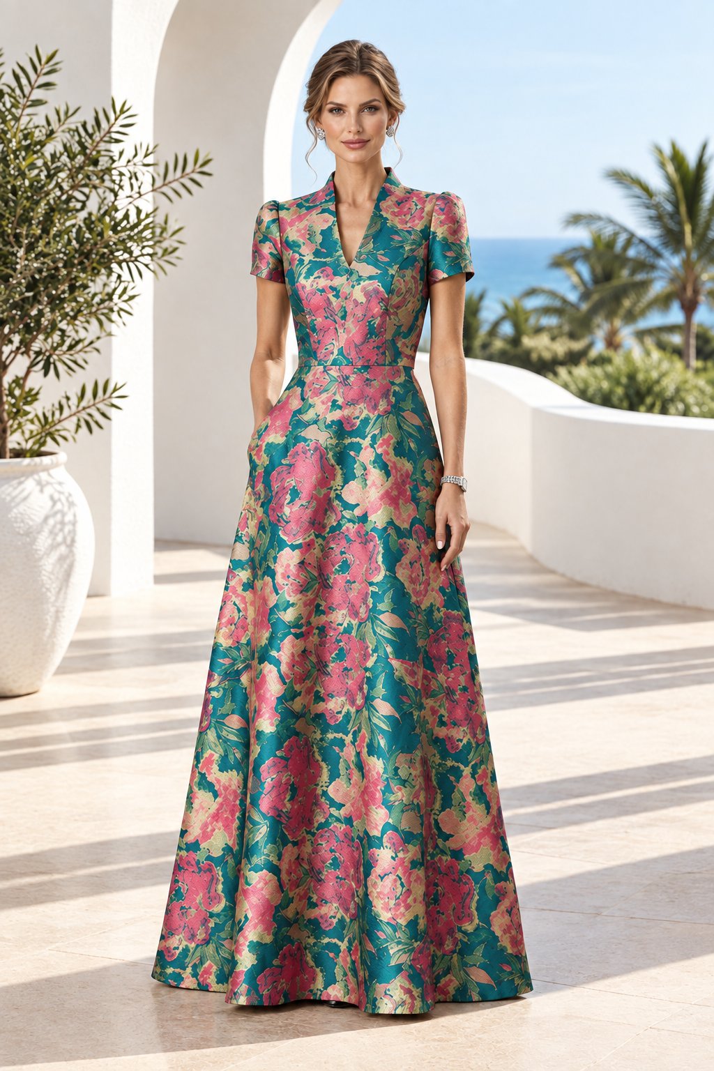 Floral Jacquard A-Line Gown with Mandarin V-Neck