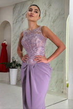 Illusion Lace Bodice Sheath Gown with Draped Skirt