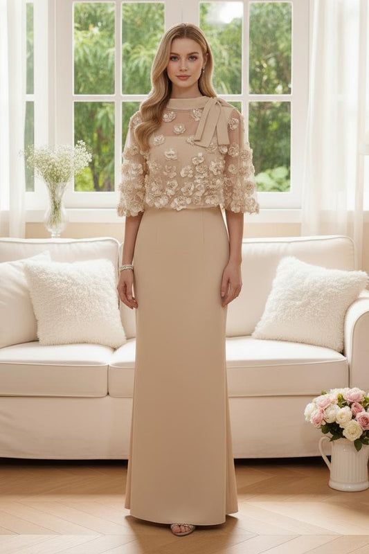 Floor-Length Evening Dress with 3D Flower Capelet