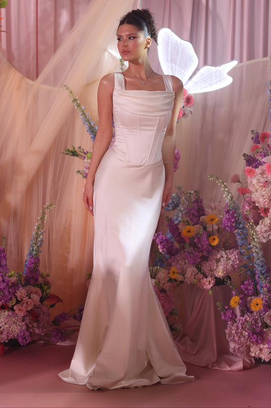 Cowl Neck Satin Mermaid Wedding Dress with Corset Back
