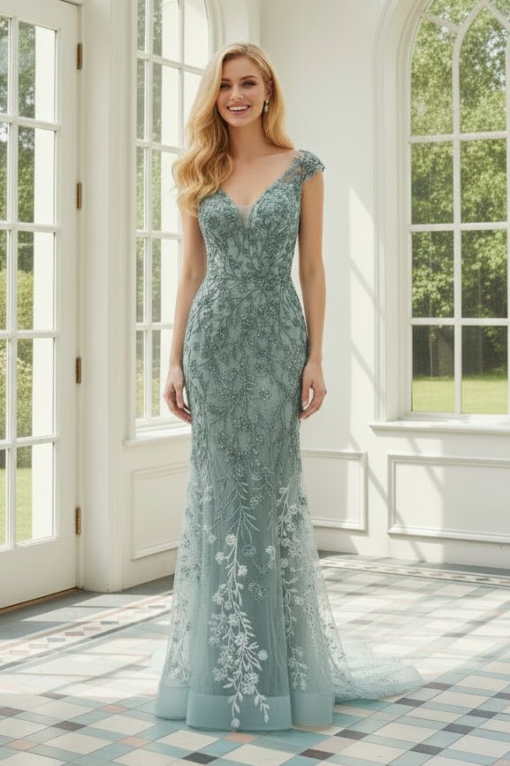 Beaded Floral Lace Trumpet Gown with Cap Sleeves