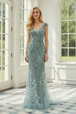 Beaded Floral Lace Trumpet Gown with Cap Sleeves