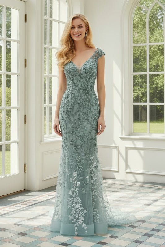 Beaded Floral Lace Trumpet Gown with Cap Sleeves
